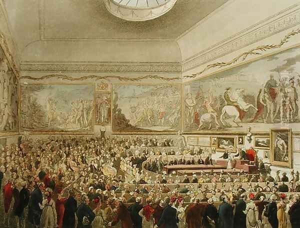 Society for the Encouragement of Arts, from Ackermanns Microcosm of London, engraved by John Bluck fl.1791-1831, 1809 Oil Painting by T. Rowlandson & A.C. Pugin