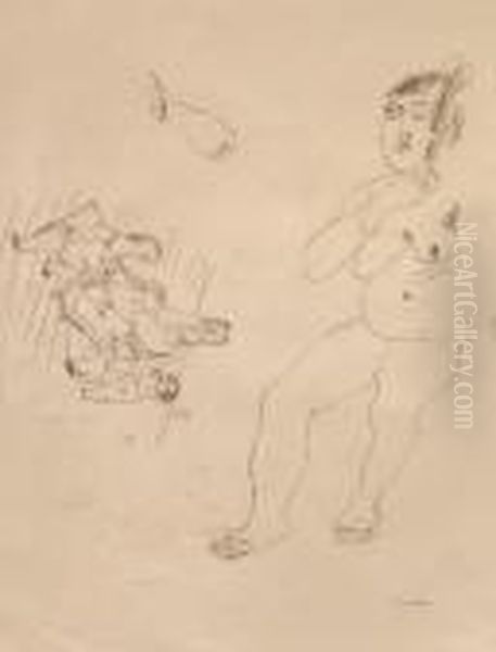 Femme Nue Et Petite Scene De Famille Oil Painting by Jules Pascin