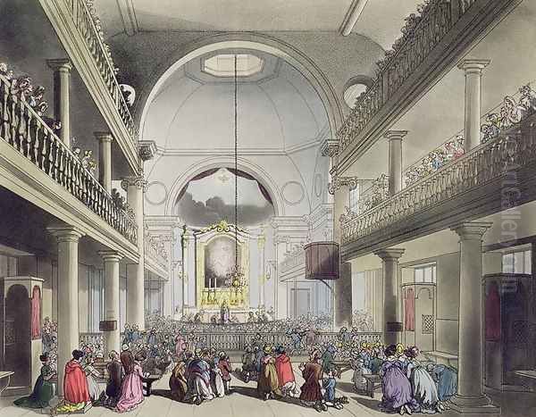 The Roman Catholic Chapel, Lincolns Inn Fields, from Ackermanns Microcosm of London, engraved by John Bluck fl.1791-1819, 1808 Oil Painting by T. Rowlandson & A.C. Pugin