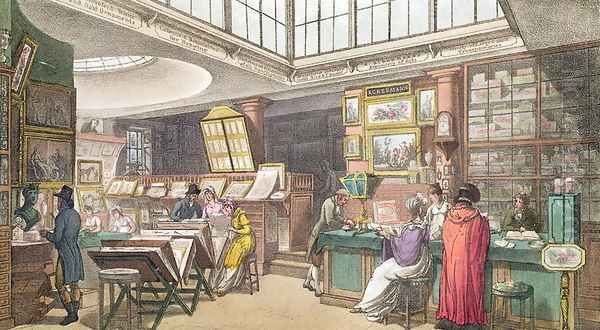 Interior from Ackermanns Repository of Arts, Literature, Commerce, Manufacture, Fashion and Politics, published 1809-28 Oil Painting by T. Rowlandson & A.C. Pugin