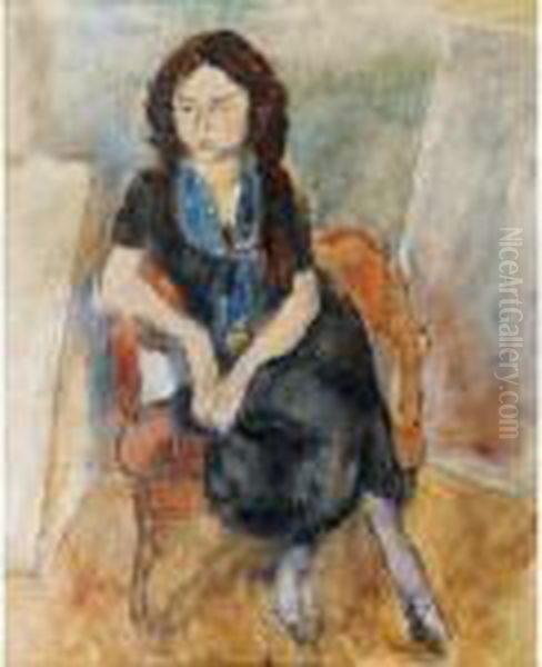 Gaby (femme Au Fichu Bleu) Oil Painting by Jules Pascin