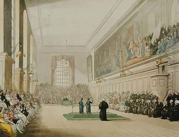 The Hall, Blue Coat School, from Ackermanns Microcosm of London, engraved by J. Hill, 1808 Oil Painting by T. Rowlandson & A.C. Pugin