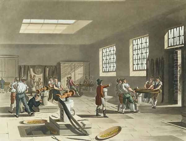 Royal Mint, Stamping Room from Ackermanns Microcosm of London Oil Painting by T. Rowlandson & A.C. Pugin