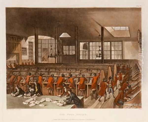 The Post Office, London plate 63, published 1st April 1800 at R.Ackermans Repostitory of Arts Oil Painting by T. Rowlandson & A.C. Pugin