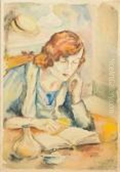 Die Lesende Im Cafe. Oil Painting by Jules Pascin