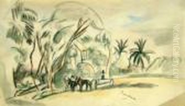 French -- Cart And Horses In A 
Tropical Village Landscape; Pencil, Black Chalk With Touches Of 
Watercolour, Bears Facsimile Signature, 13x21.5cm Oil Painting by Jules Pascin