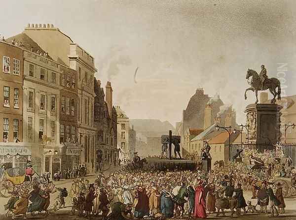 The Pillory, engraved by J. Bluck fl.1791-1831 from The Microcosm of London, pub. by Rudolph Ackermann 1764-1834 1808 Oil Painting by T. Rowlandson & A.C. Pugin