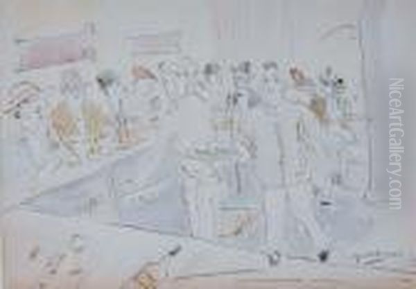 Crowded Cafa Oil Painting by Jules Pascin