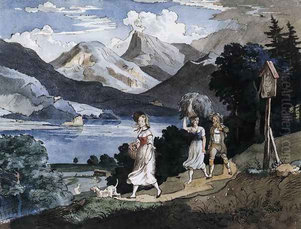 The Fuschlsee with the Schafberg Mountain in the Salzkammergut 1823 Oil Painting by Adrian Ludwig Richter