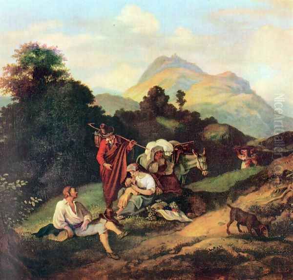 Italian landscape with resting wanderers Oil Painting by Adrian Ludwig Richter