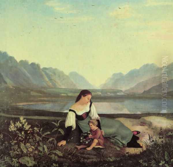 Girls on the meadow, Inntal with resound Oil Painting by Adrian Ludwig Richter