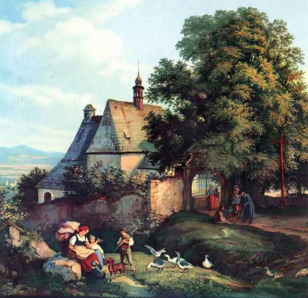 St. Annen church to barley groats in Bohemia Oil Painting by Adrian Ludwig Richter