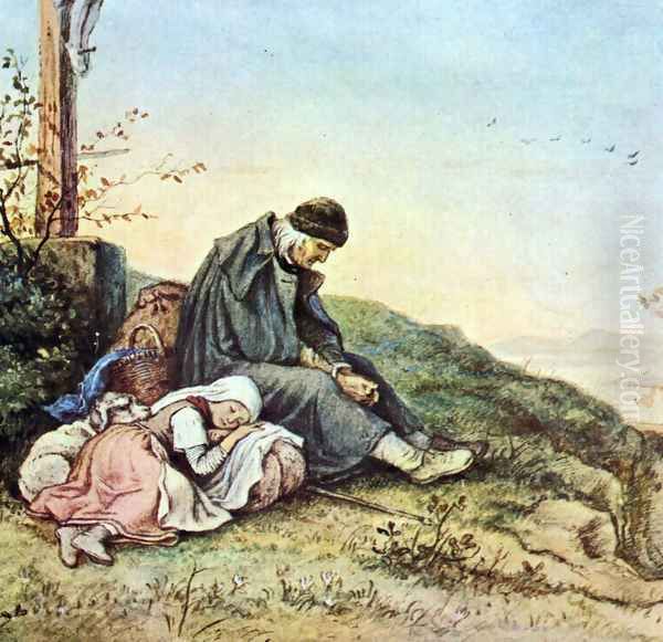 Rest under the road cross Oil Painting by Adrian Ludwig Richter