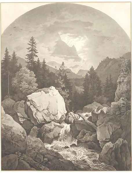 An extensive rocky landscape with a waterfall, mountains seen through clouds beyond Oil Painting by Adrian Ludwig Richter