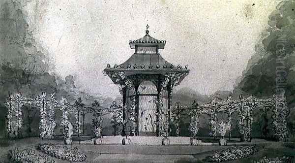 Design for an Aviary and Pergola in the Chinese Style, 18th century Oil Painting by Humphry Repton