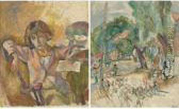 Hermine En Rose And Personnages Cubains: A Double-sided Painting Oil Painting by Jules Pascin