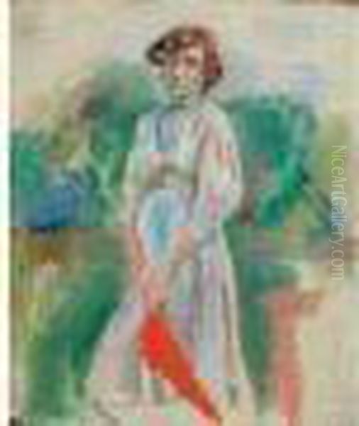 Hermine A L'ombrelle Rouge, Vers 1908 Oil Painting by Jules Pascin