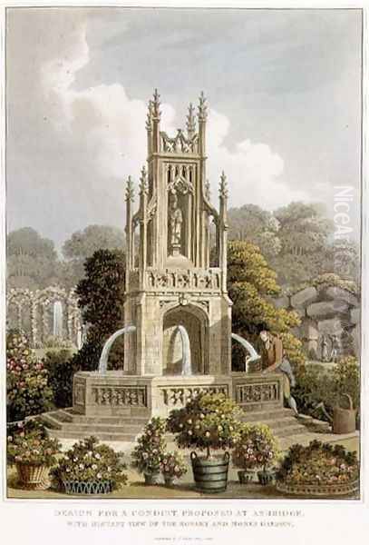 Design for a Conduit, Proposed at Ashridge, with Distant View of the Rosary and Monks Garden, from Fragments on the Theory and Practice of Landscape Gardening, pub. 1816 Oil Painting by Humphry Repton