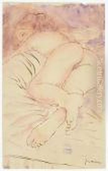 Two Watercolors.
Reclining Nude Oil Painting by Jules Pascin