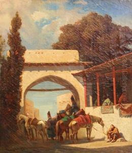 An Arab Gateway With Horses And Figures Oil Painting by Alberto Pasini