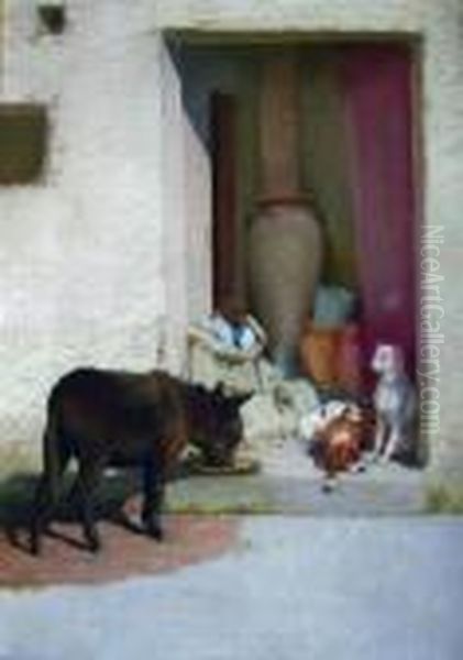 An Arab In A Doorway With Dogs And A Mule Oil Painting by Alberto Pasini