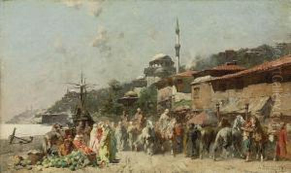 A Market On The Bosphorus Oil Painting by Alberto Pasini