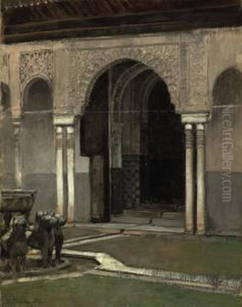 Courtyard Of The Lions In The Alhambra, Granada Oil Painting by Alberto Pasini