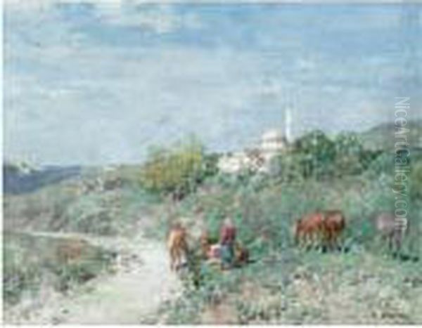 Halt Outside A Turkish Hill Town Oil Painting by Alberto Pasini