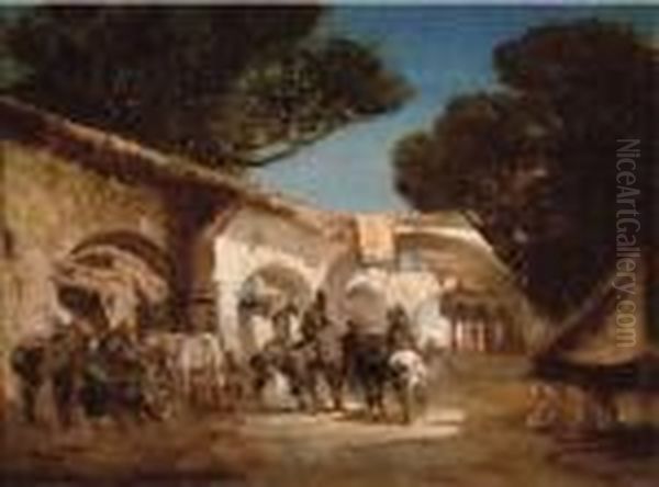 Saddling Up At The Stables, An Arab Street Oil Painting by Alberto Pasini