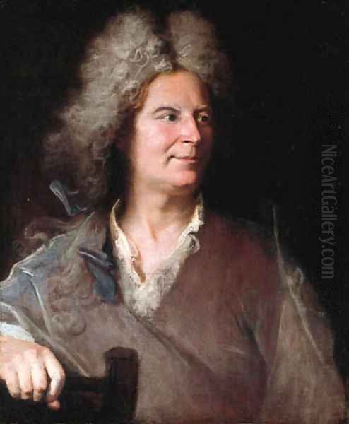 Portrait of a sculptor, said to be Robert Le Lorrain (1666-1743), half-length, in a light brown jacket, a mallet in his right hand Oil Painting by Hyacinthe Rigaud