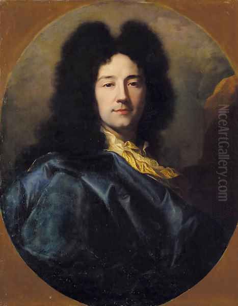 Portrait of the artist, bust-length, with a yellow cravat and a blue cloak, feigned oval Oil Painting by Hyacinthe Rigaud