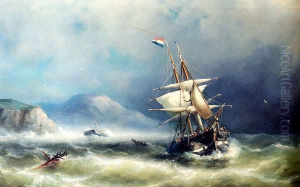 A Barque In Distress Off A Rocky Coast Oil Painting by Nicolaas Riegen