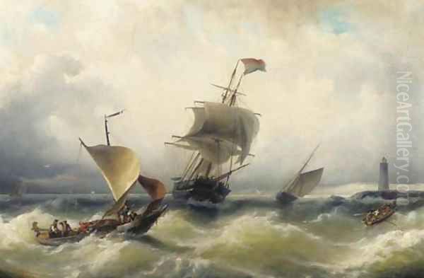 Shipping on a choppy sea Oil Painting by Nicolaas Riegen