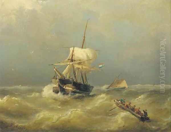 Shipping on choppy waters Oil Painting by Nicolaas Riegen