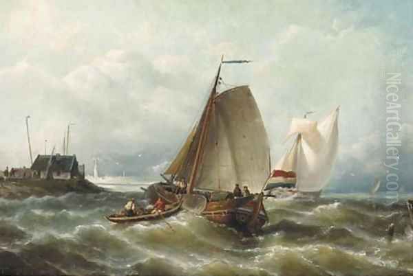 Shipping on choppy waters by a coast Oil Painting by Nicolaas Riegen