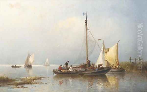 A calm fishermen inspecting their catch Oil Painting by Nicolaas Riegen