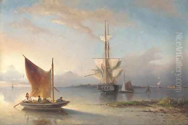 A Dutch merchantman drying her sails in the estuary Oil Painting by Nicolaas Riegen