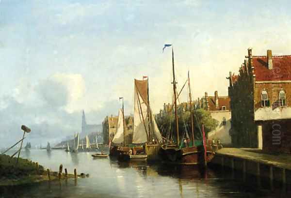 Sailingvessel along a quay, a church towering in the distance Oil Painting by Nicolaas Riegen