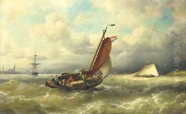 A barge from Marken on the IJ, Amsterdam in the distance Oil Painting by Nicolaas Riegen