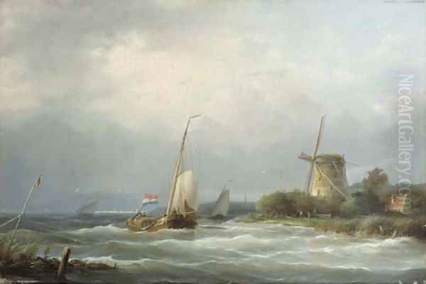 A sailing barge entering a waterway Oil Painting by Nicolaas Riegen