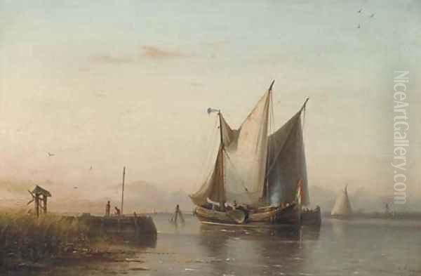 Sailing vessels in a calm estuary at dusk Oil Painting by Nicolaas Riegen