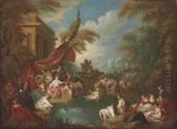 An Extensive Landscape With Women Bathing In A Wooded Enclosure Byruins Oil Painting by Jean-Baptiste Joseph Pater