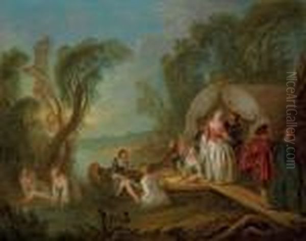 Fete Galante: La Barque De Plaisir Oil Painting by Jean-Baptiste Joseph Pater