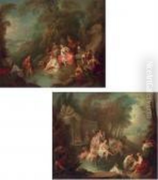 Fete Champetre With A Musician 
And A Statue Of Venus Behind; And Fete Champetre With Bathers In Front 
Of A Fountain Oil Painting by Jean-Baptiste Joseph Pater