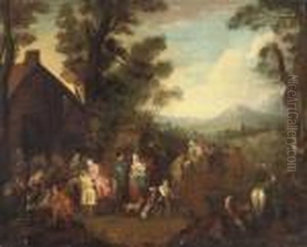 Soldiers, Women And Children Before A Barn, A Mountainous Landscapebeyond Oil Painting by Jean-Baptiste Joseph Pater