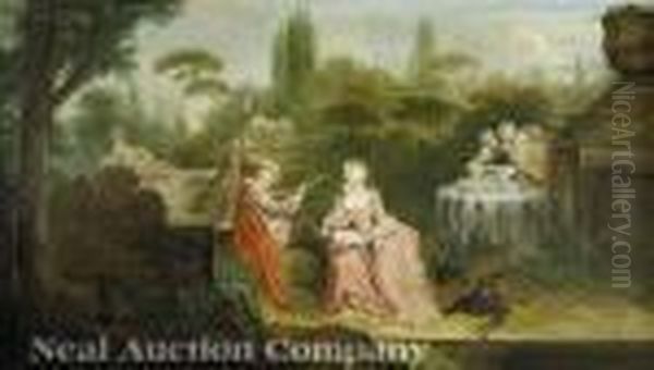 A Music Making Couple In A Sculpture Park Oil Painting by Jean-Baptiste Joseph Pater