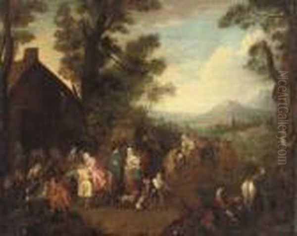 Soldiers, Women And Children Before A Barn, A Mountainous Landscape Beyond Oil Painting by Jean-Baptiste Joseph Pater