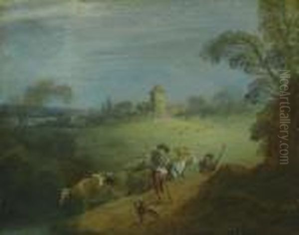 Landschaft Mit Kuherde Und Hirtenpaar. Oil Painting by Jean-Baptiste Joseph Pater