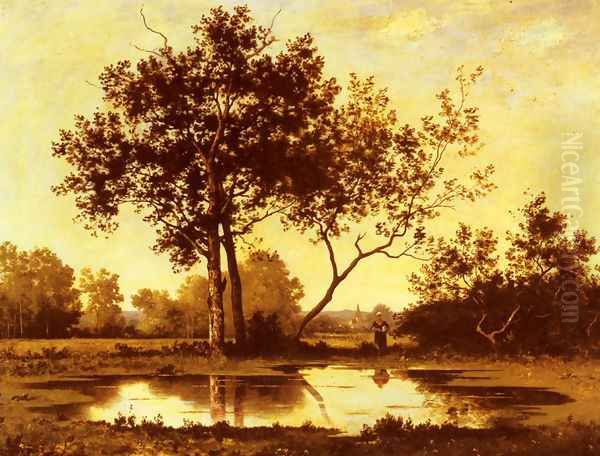 Figure beside a Pool in a wooded Landscape Oil Painting by Leon Richet