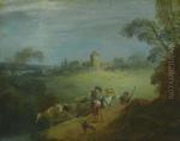 Landscape With Herd Of Cows And Herdsmen. Oil Painting by Jean-Baptiste Joseph Pater